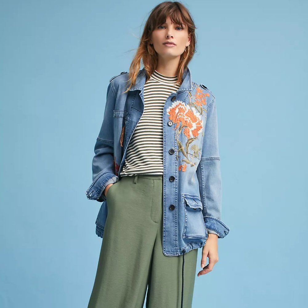 Anthropologie Light Blue Denim Jacket with Orange Floral Embroidery